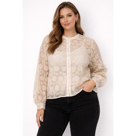 Marie Oliver Frances Blouse Size XL Cream Sheer Crochet Button Front New